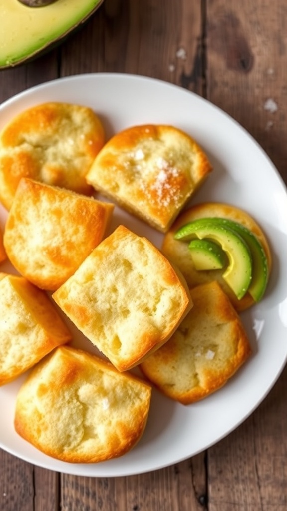 Cloud Bread Recipe Fluffy cloud bread pieces on a white plate, some topped with avocado, on a rustic wooden table.